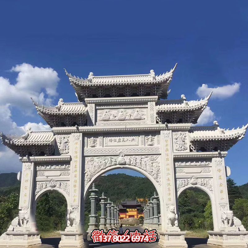 大型漢白玉寺院景區三門石雕牌樓